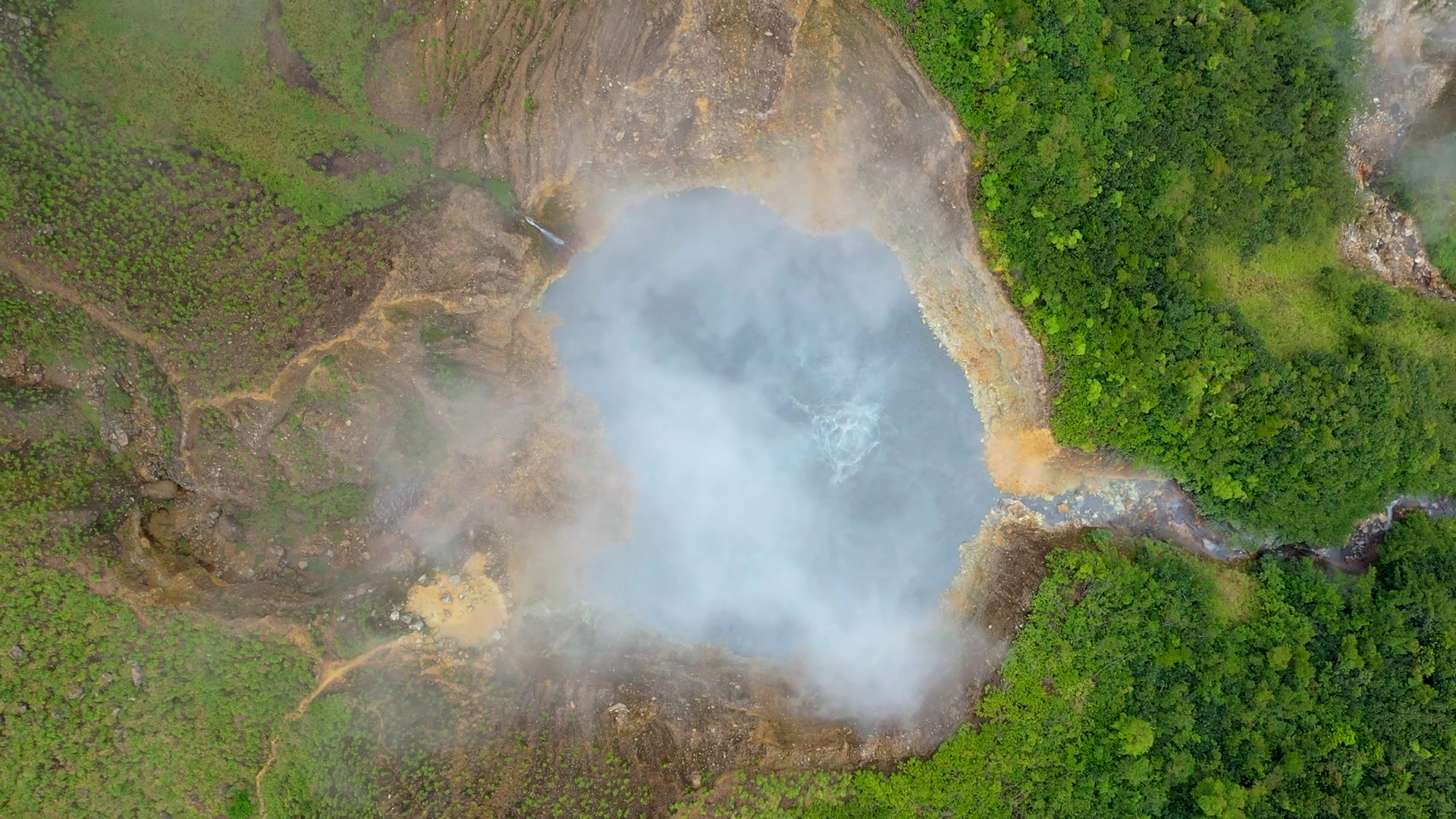 Aerial view of Boiling Lake in its volcanic crater
